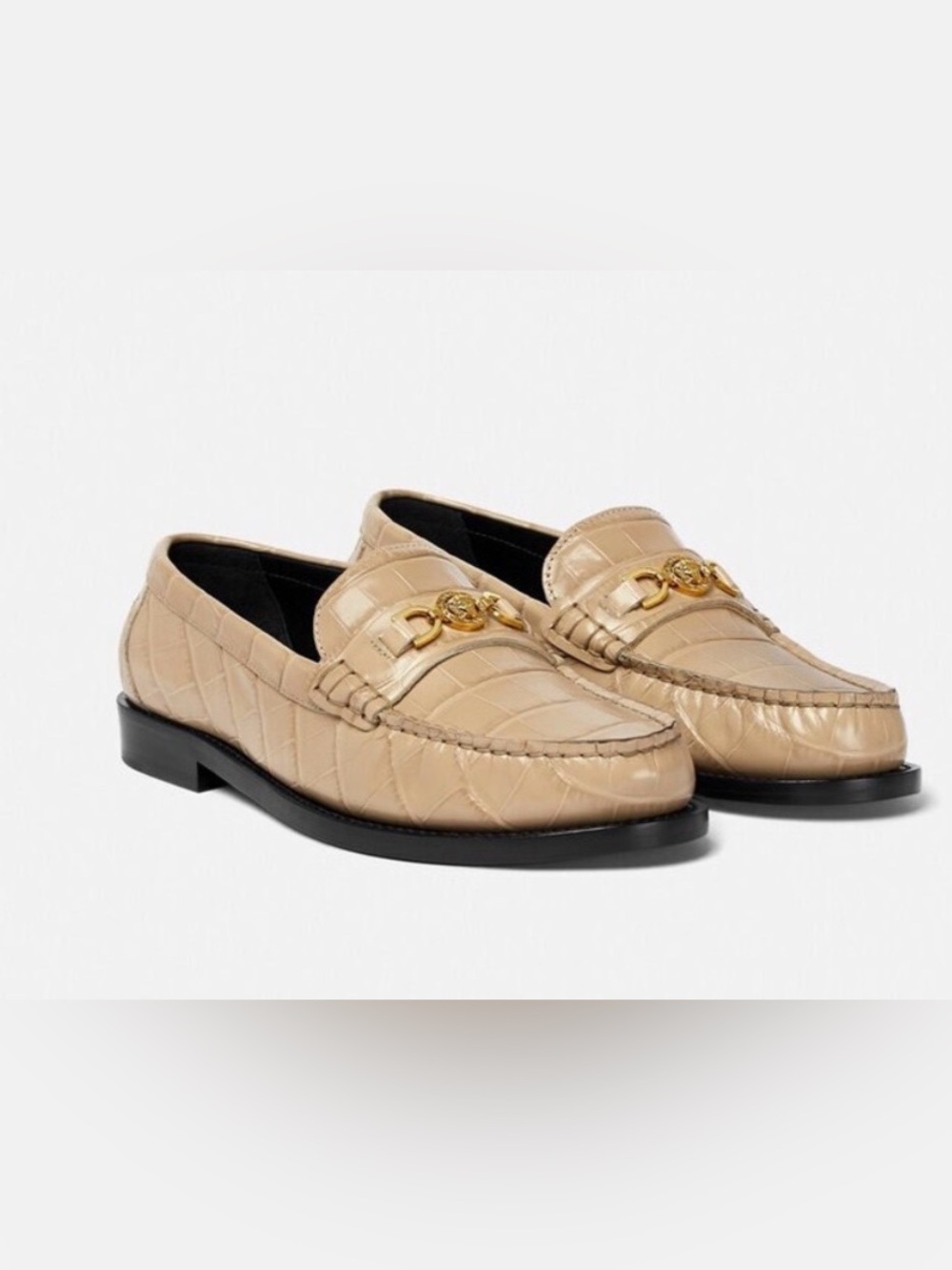 Versace Beige Croc-Embossed Leather Loafers with Gold Hardware